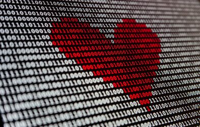 binary code displaying a red heart