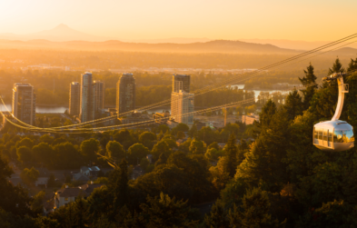 Photo of a cable car at sunrise in Portland, OR