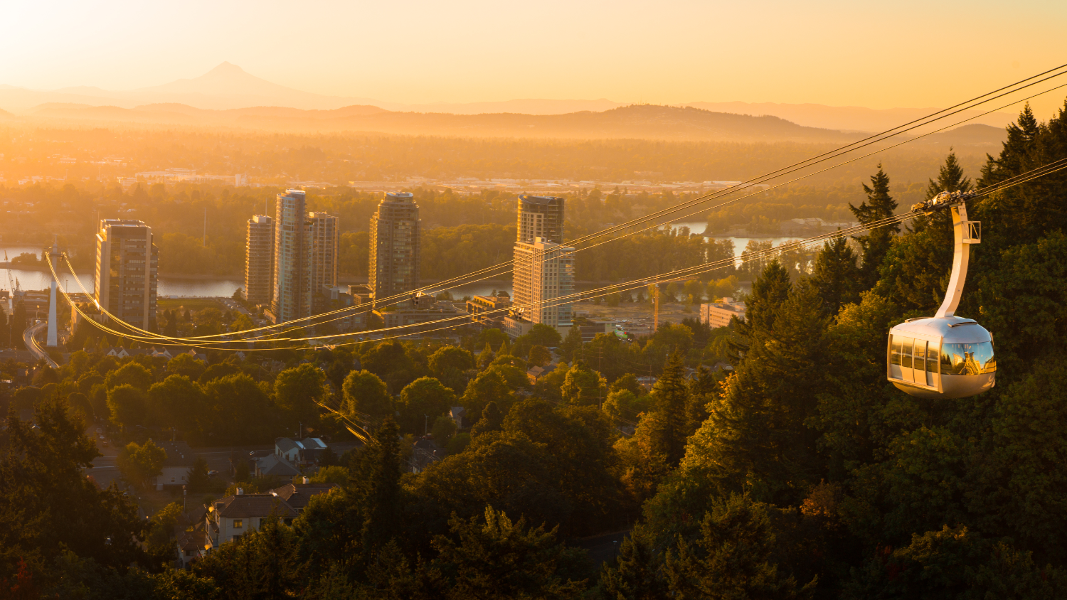 Photo of a cable car at sunrise in Portland, OR