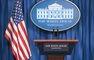 Photo of a podium at The White House in Washington, DC