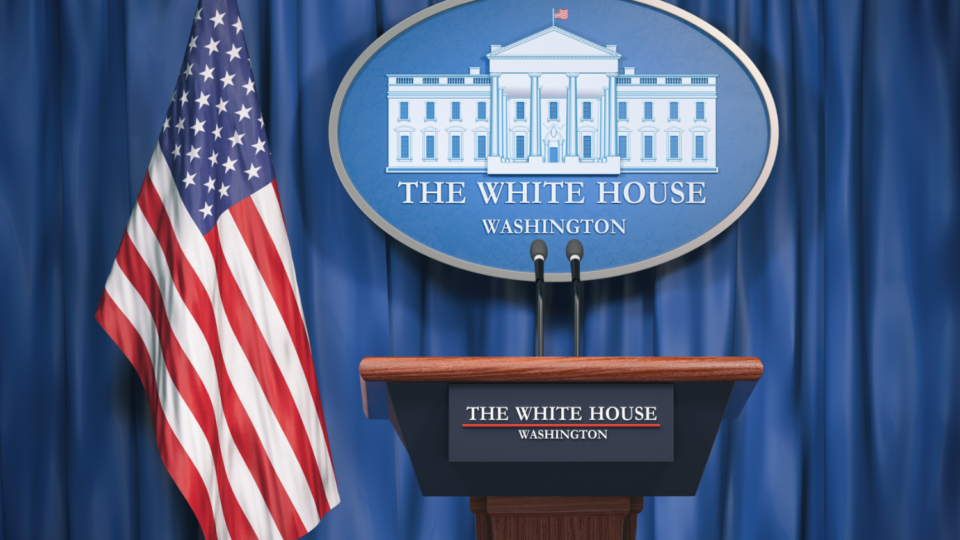 Photo of a podium at The White House in Washington, DC