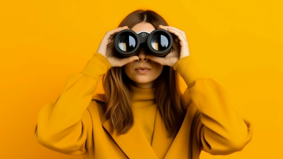 Women in a yellow blazer peering through black binoculars