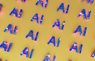 3d render of blue typography that reads "AI" on a yellow background