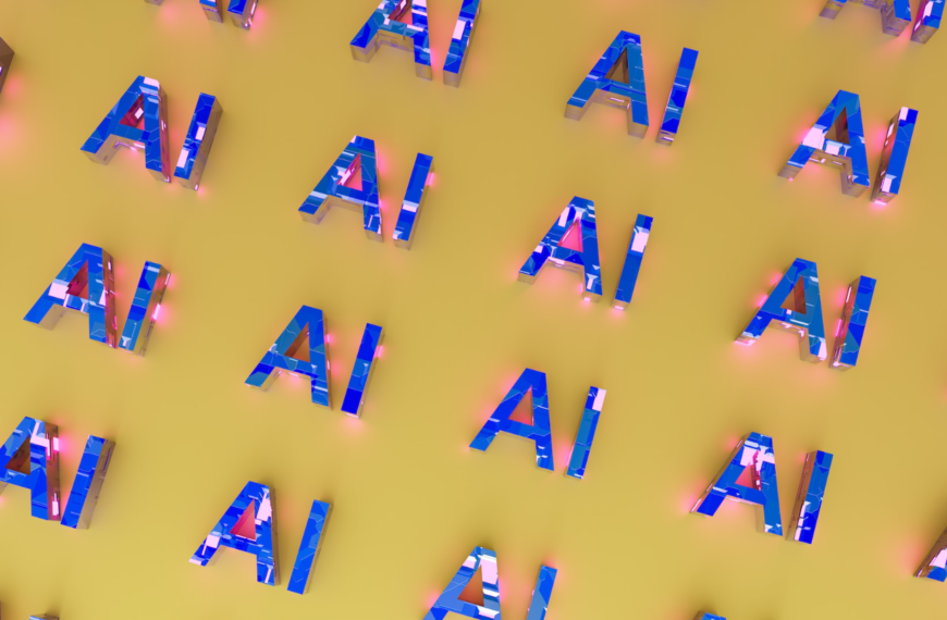 3d render of blue typography that reads "AI" on a yellow background