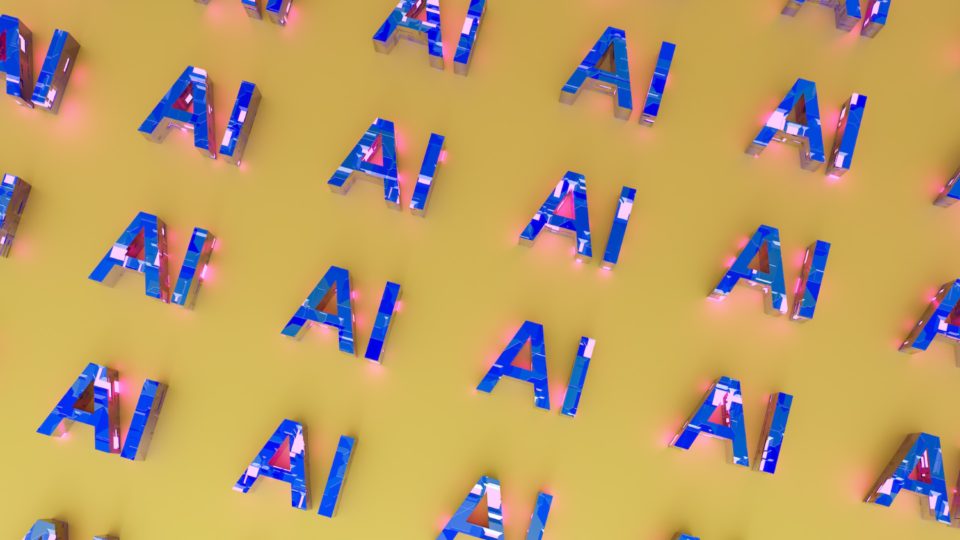 3d render of blue typography that reads "AI" on a yellow background
