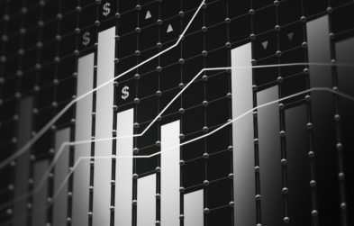 3d render in black and white of a stacked bar and line chart representing financial data