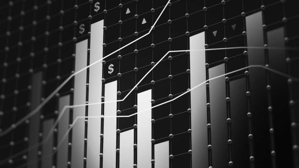 3d render in black and white of a stacked bar and line chart representing financial data