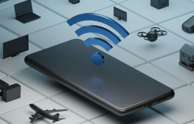 Wifi symbol above a phone surrounded by icons of other Internet of Things devices