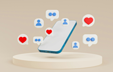 3D Animated phone surrounded by 3D icons of hearts, message bubbles, and people.