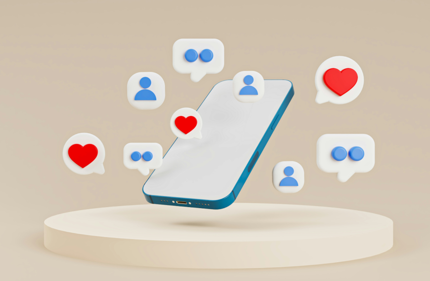 3D Animated phone surrounded by 3D icons of hearts, message bubbles, and people.