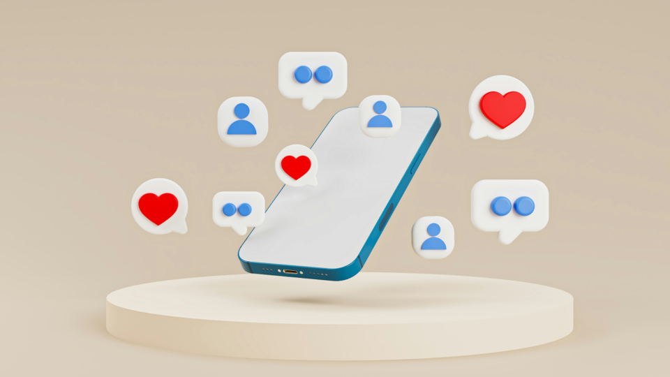 3D Animated phone surrounded by 3D icons of hearts, message bubbles, and people.