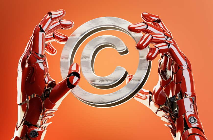 Robotic hands holding 3D render of copyright symbol