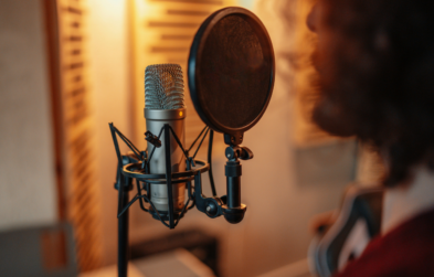 Voice actor at microphone