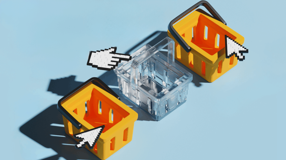 Computer arrows "clicking" on shopping baskets