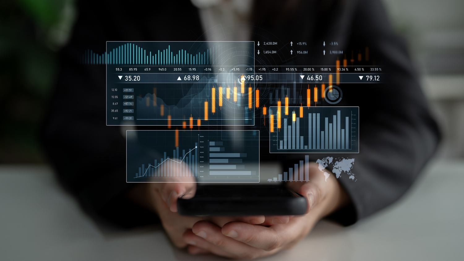 Transparent graphs displayed over a person holding their cell phone.