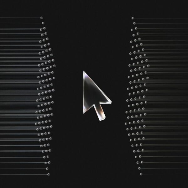 Computer cursor against an abstract background of digital data lines
