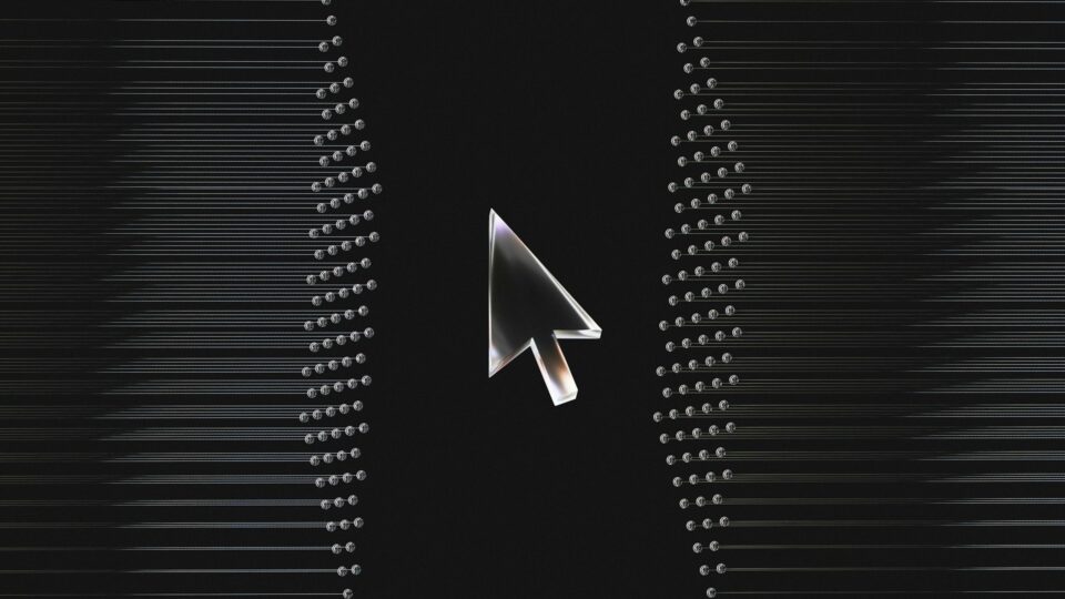 Computer cursor against an abstract background of digital data lines