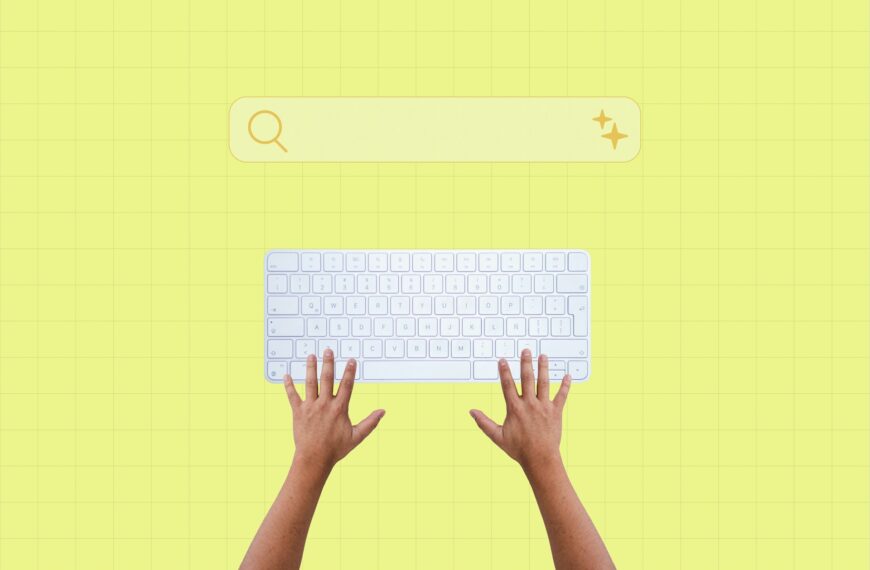 Illustration of hands typing on a keyboard beneath a search bar with a magnifying glass icon and AI sparkles.